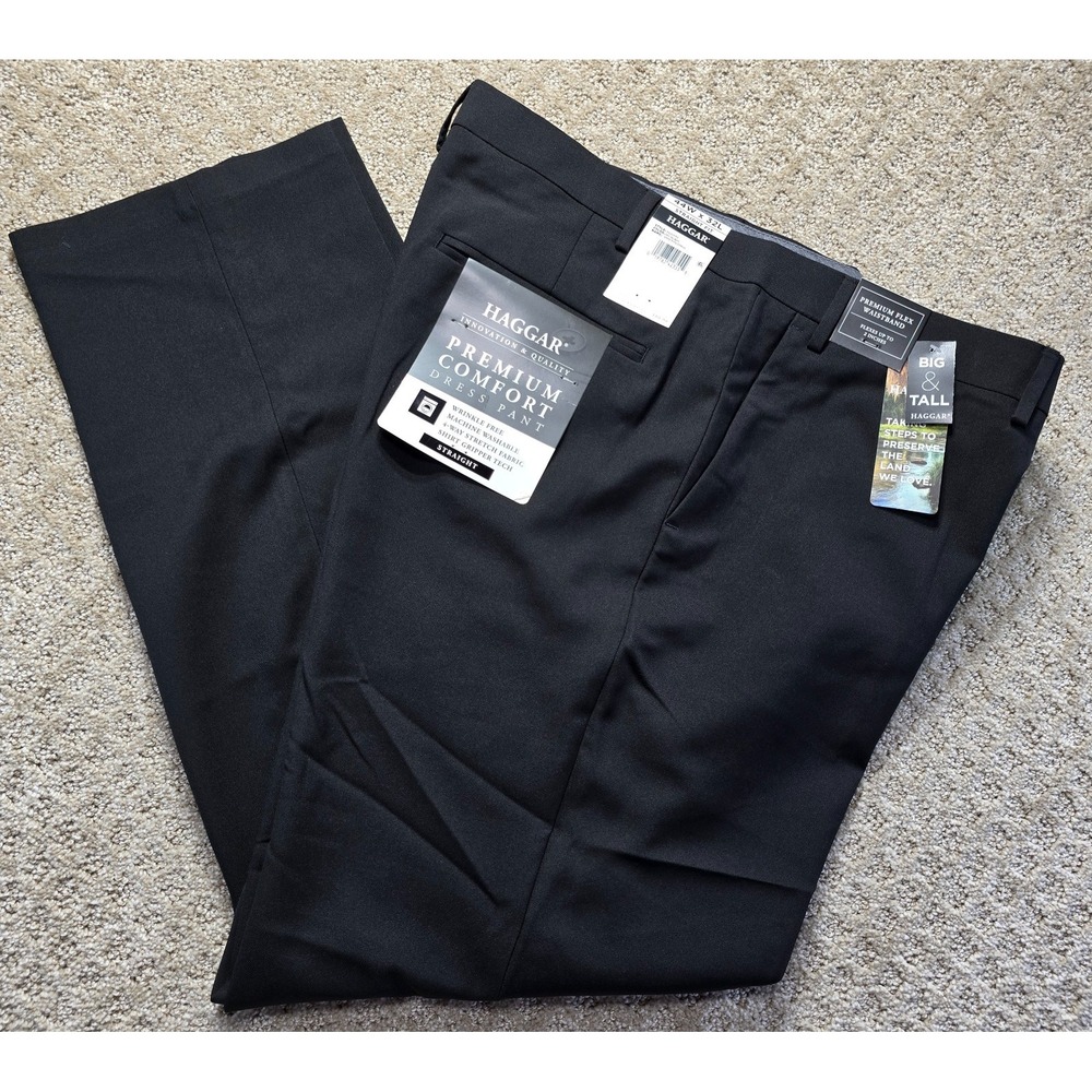 Haggar Premium Comfort Mens 44x32 Black Dress Pants Straight Fit Big Tall NWT
